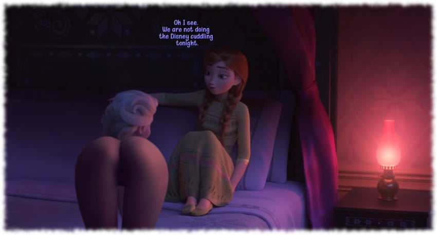 3d anna_(frozen) bedroom disney edit elsa_(frozen) english_text frozen_(film) frozen_2 incest low_light nude photo_manipulation presenting pussy rastifan screenshot_edit siblings sister sisters yuri