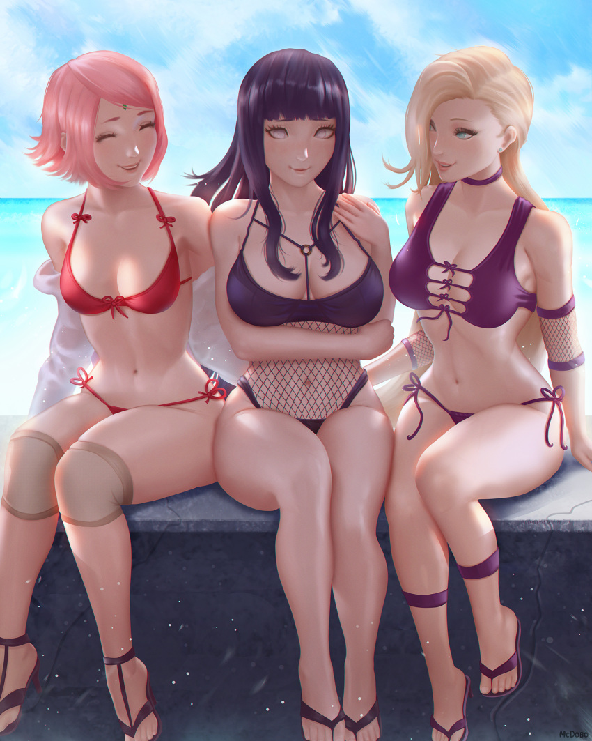 3girls big_breasts bikini blonde_hair blue_eyes breasts cleavage closed_eyes facial_mark feet female female_only fishnets flip_flops forehead_mark hair_over_one_eye hourglass_figure hyuuga_hinata ino_yamanaka large_breasts looking_at_another mcdobo medium_breasts naruto naruto:_the_last naruto_(series) ocean on_bench pink_hair purple_hair sakura_haruno sandals sitting smile smiling toes violet_eyes water