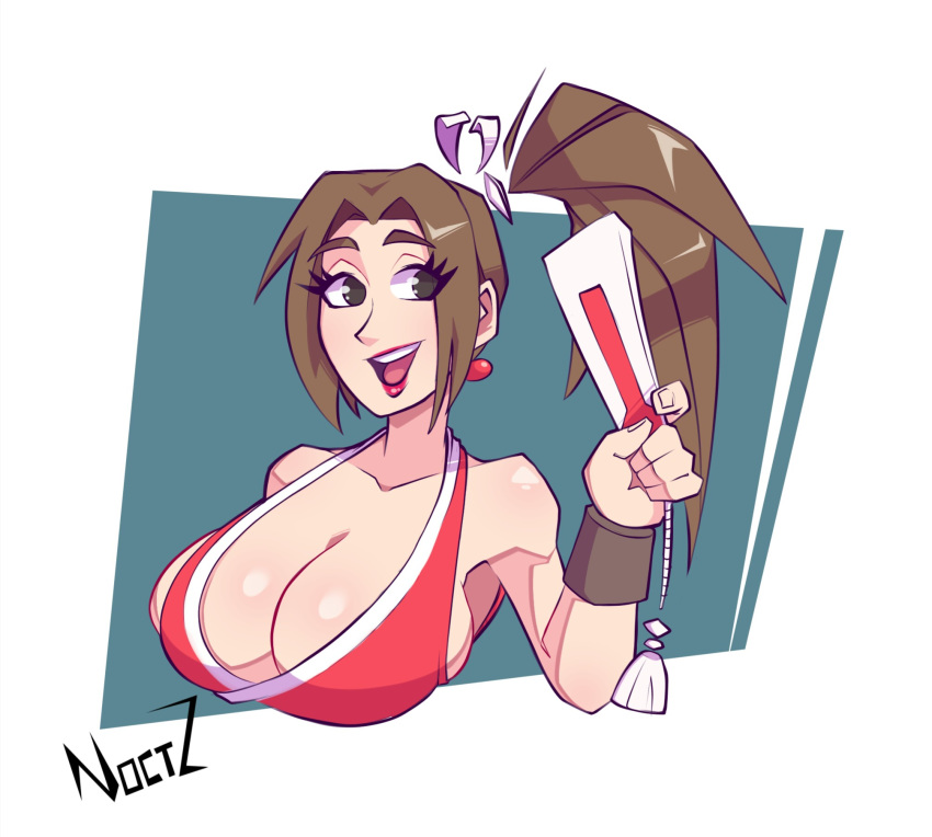 big_breasts breasts brown_eyes brown_hair busty capcom cleavage cleavage_cutout fatal_fury female female_focus hourglass_figure king_of_fighters kunoichi large_breasts long_hair mai_shiranui mugshot noctz pinup pose posing snk tagme wide_hips