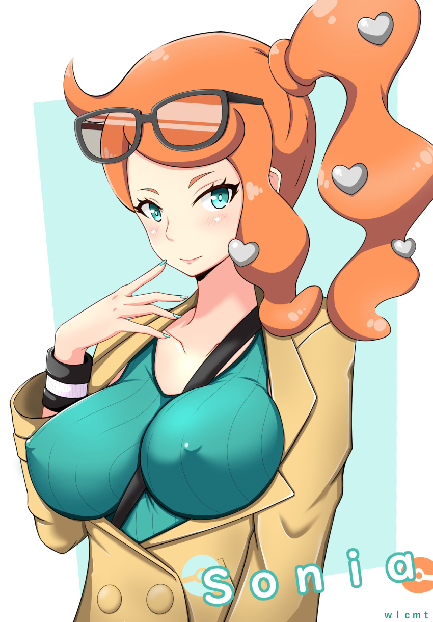 1girls alternate_breast_size aqua_hair big_breasts eye_contact female glasses hair_ornament human large_breasts long_hair looking_at_viewer nails nintendo nipple_slip orange_hair pale-skinned_female pale_skin pokemon pokemon_ss ponytail sonia_(pokemon) sunglasses_on_head text wlcmt