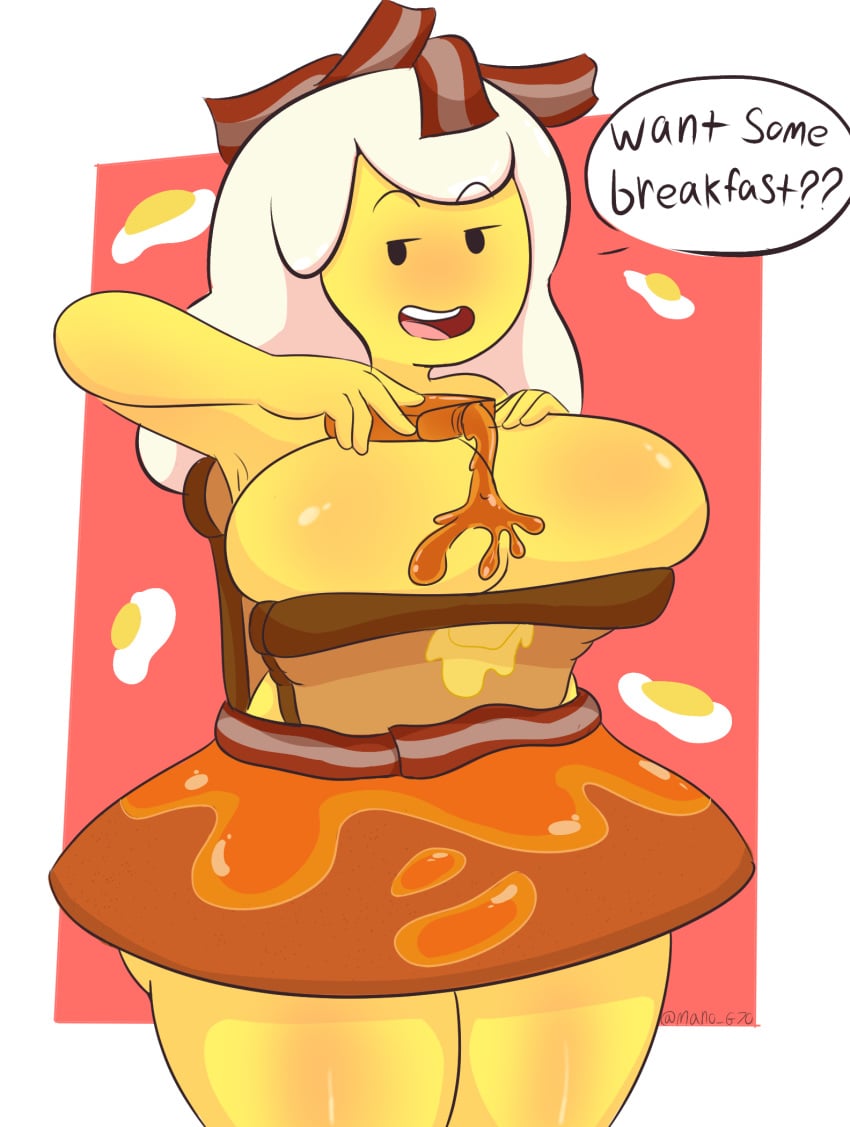 adventure_time background bacon barely_clothed breakfast_princess cartoon_network female female_only huge_breasts impossible_opening lr_mano pouring_on_self sole_female speech_bubble thick_thighs tight_clothing white_hair yellow_skin