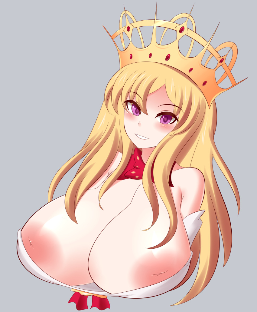 1girls 2019 areolae arms_behind_back blonde_hair breasts crown europa_(fate) fate/grand_order fate_(series) female huge_breasts jcdr long_hair looking_at_viewer nipples open_mouth purple_eyes smile solo voluptuous