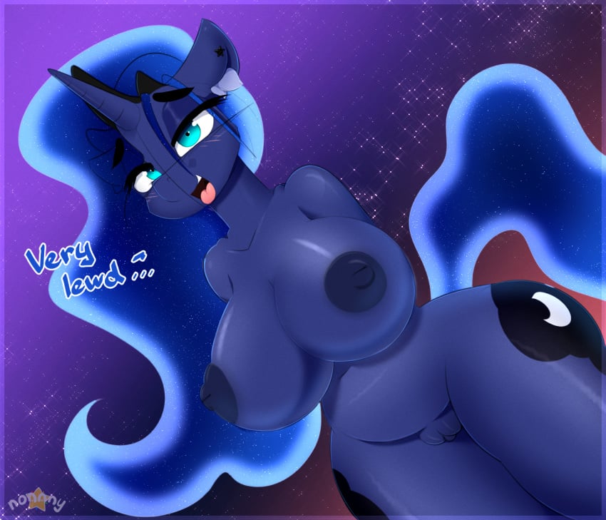 alicorn anthro big_areola big_breasts big_nipples breasts dark_nipples dialogue equid erect_nipples female friendship_is_magic furry genitals hasbro horn huge_breasts looking_at_viewer mammal my_little_pony n0nnny nude princess_luna_(mlp) pussy solo wide_hips wings