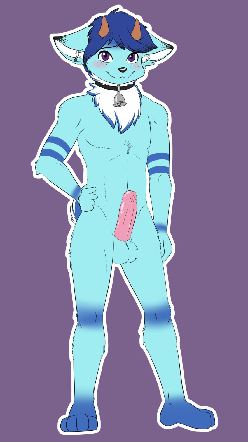 anthro ashur blue_body blush bovid canid canine caprine choker domestic_goat ear_piercing ear_ring erection fox freckles fur genitals goat hair hand_on_hip hi_res jewelry male male/male mammal necklace penis piercing sidnithefox smile solo