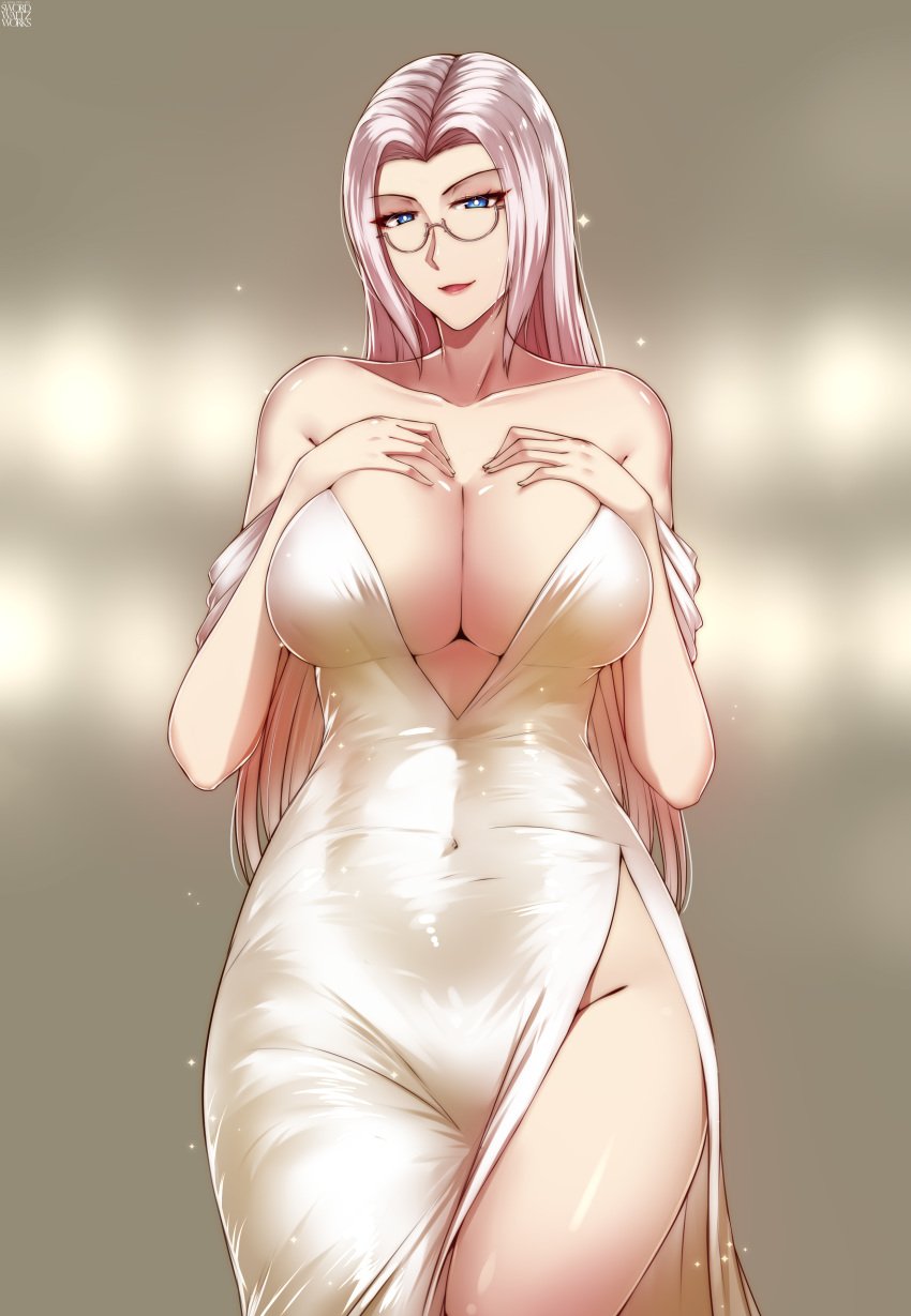 big_breasts cleavage dress glasses kajana no_panties no_underwear swordwaltzworks white_hair