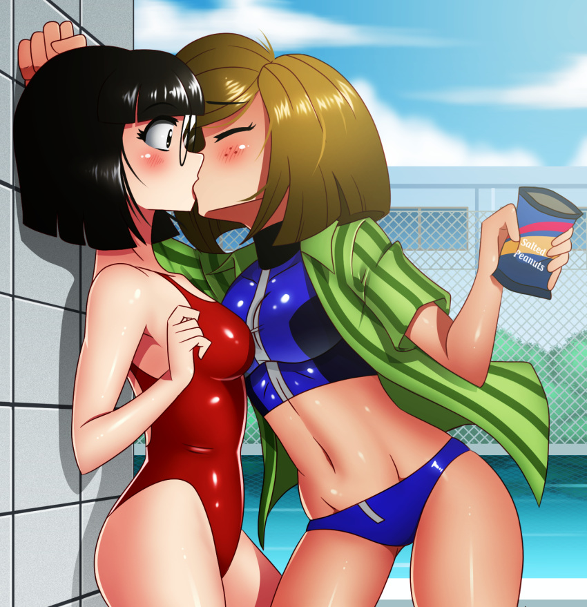 2girls aged_up bikini chacrawarrior closed_eyes clothing eyes_closed female human kissing marcie open_shirt pale_skin peanuts peppermint_patty public shirt surprised swimming_pool swimsuit swimwear text yuri