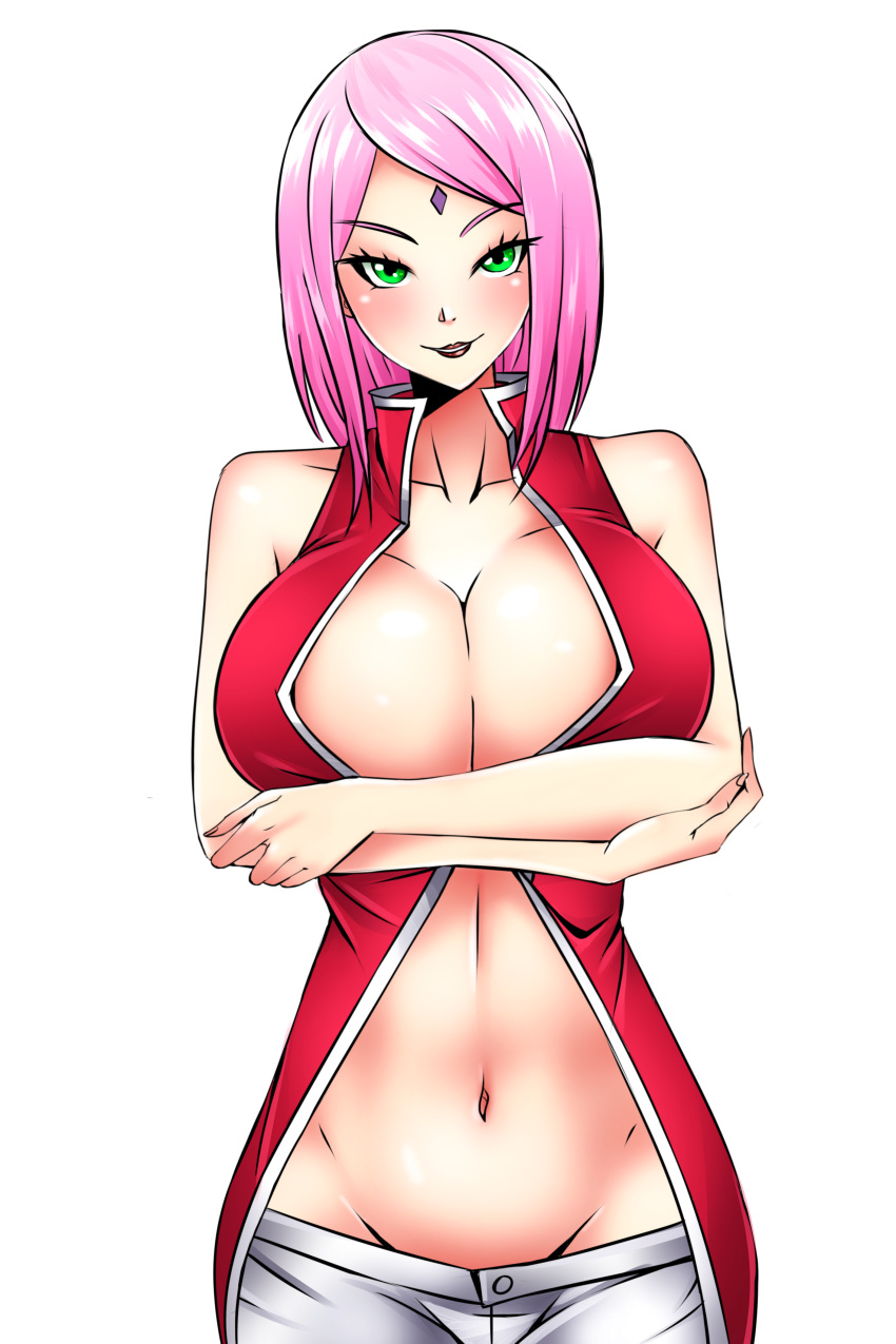 1girls boruto:_naruto_next_generations breasts cleavage crossed_arms evildei female green_eyes high_resolution large_breasts looking_at_viewer naruto naruto_(series) pink_hair sakura_haruno short_hair sleeveless solo very_high_resolution white_background