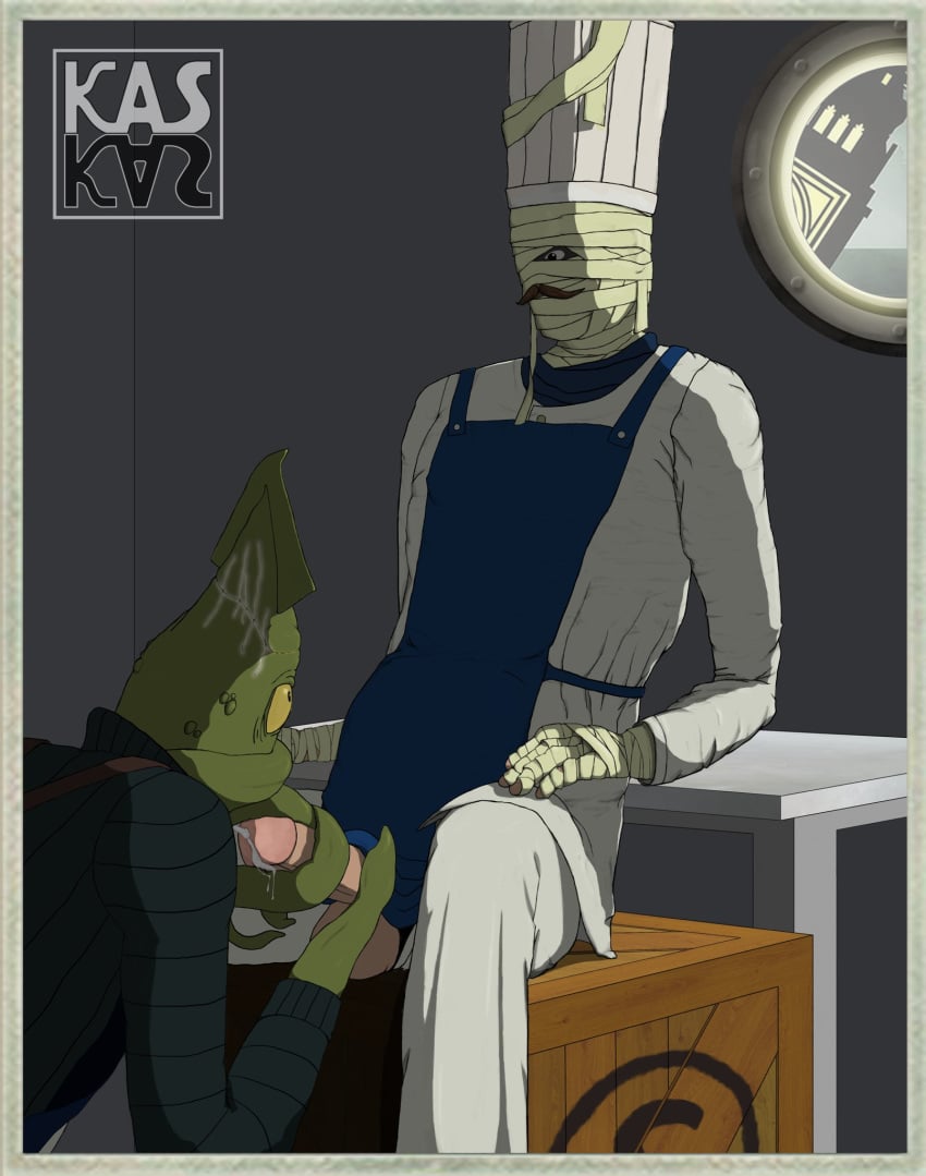 2boys bandaged_poissonnier blowjob chef_hat chef_uniform cksks fallen_london male male_only monster mummy mummy_man nacreous_outcast sunless_sea tentacle tentacle_monster tentaclejob victorian