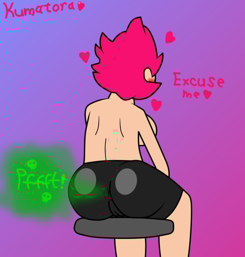 2020 2020s anus ass bike_shorts black_shorts blush cameltoe compression_shorts earthbound fart fart_cloud female floating_heart heart kumatora mother_3 multicolored_background nintendo pink_hair pussy shorts sitting spandex_shorts spats tomboy underwear vagina watermark