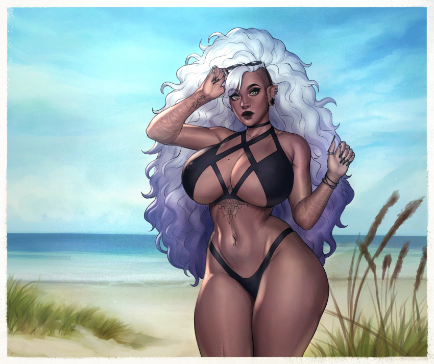 1girls akira_(akira_raikou) akira_raikou big_breasts bikini breasts cleavage curvy dark-skinned_female dark_skin female female_only large_breasts looking_at_viewer original solo swimsuit tattoo thick_thighs voluptuous wide_hips