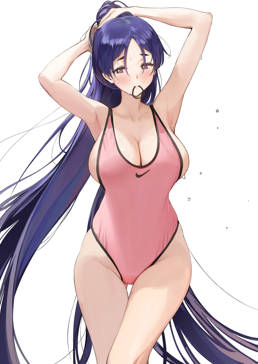 ameyame armpits arms_behind_head arms_up bangs bare_shoulders blush breasts clavicle cleavage closed_mouth covered_navel fate/grand_order fate_(series) female hair_between_eyes hair_tie_in_mouth high_resolution highleg highleg_swimsuit large_breasts long_hair looking_at_viewer minamoto_no_raikou_(fate/grand_order) mouth_hold one-piece_swimsuit parted_bangs pink_swimsuit purple_eyes purple_hair sideboob simple_background solo swimsuit thighs tying_hair very_high_resolution very_long_hair wet white_background