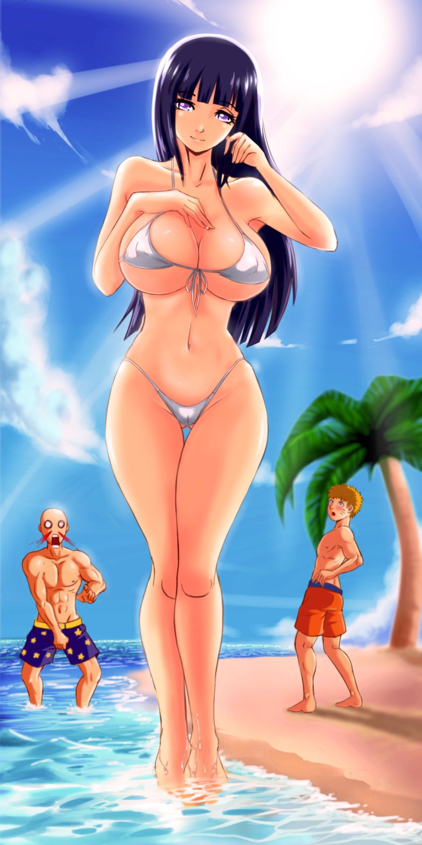 1girls 2boys bald beach bikini black_hair blood breasts evildei female front-tie_top high_resolution highleg highleg_bikini highleg_swimsuit hyuuga_hinata large_breasts large_filesize long_hair looking_at_viewer male multiple_boys naruto naruto_shippuden nosebleed ocean palm_tree short_hair surprised swimsuit tree uzumaki_naruto very_high_resolution walking white_bikini white_swimsuit yellow_hair