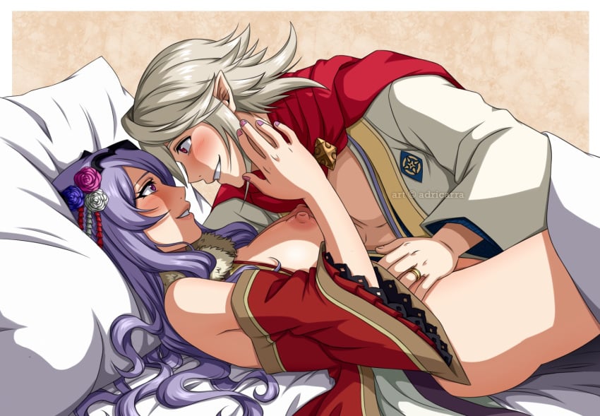 adoptive_siblings adricarra blush camilla_(fire_emblem) camilla_(new_year)_(fire_emblem) corrin_(fire_emblem) corrin_(fire_emblem)_(male) corrin_(male)_(new_year)_(fire_emblem) fire_emblem fire_emblem_fates fire_emblem_heroes half-dressed hand_on_face japanese_clothes large_breasts nipples on_bed platinum_blonde_hair purple_eyes purple_hair yukata