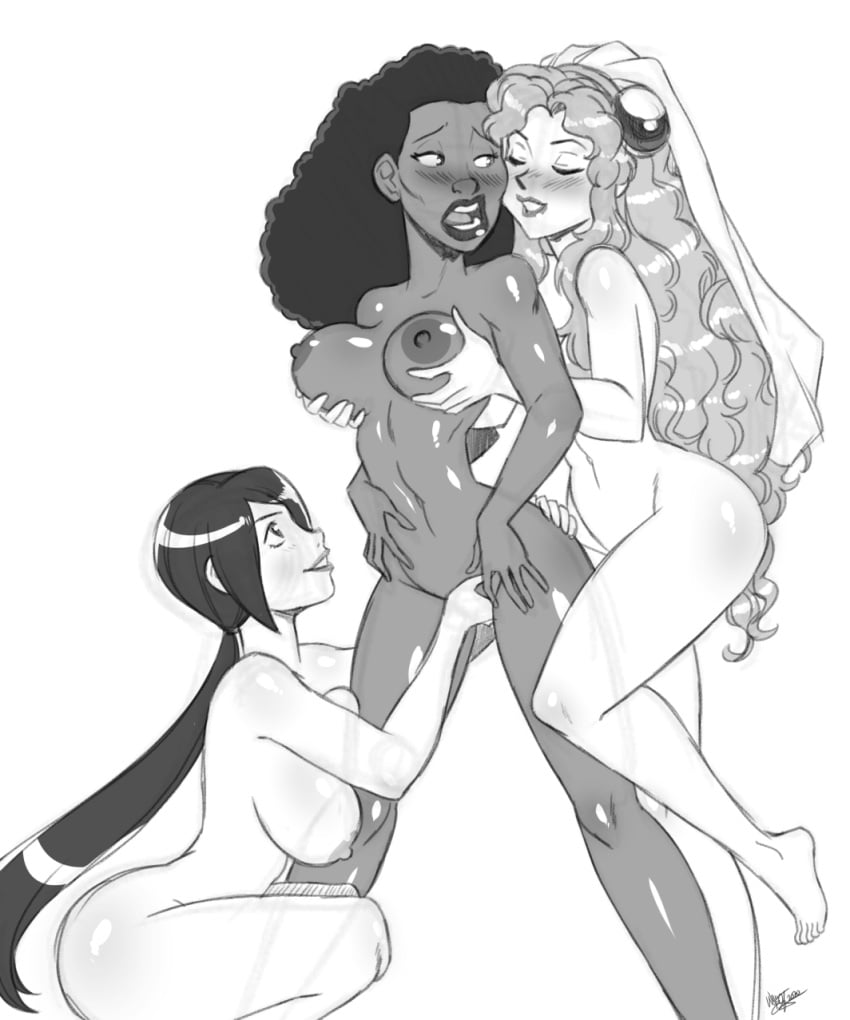 3girls aeolus06 balsa blush breast_grab breasts crossover curvy dark-skinned_female dark_skin el_hazard female female_only human human_only ifurita interracial interracial_yuri large_breasts light-skinned_female light_skin long_hair marvel marvel_comics monica_rambeau monochrome nipples nude photon_(marvel) seirei_no_moribito sketch spectrum_(marvel) thick_thighs threesome voluptuous white_background wide_hips yuri