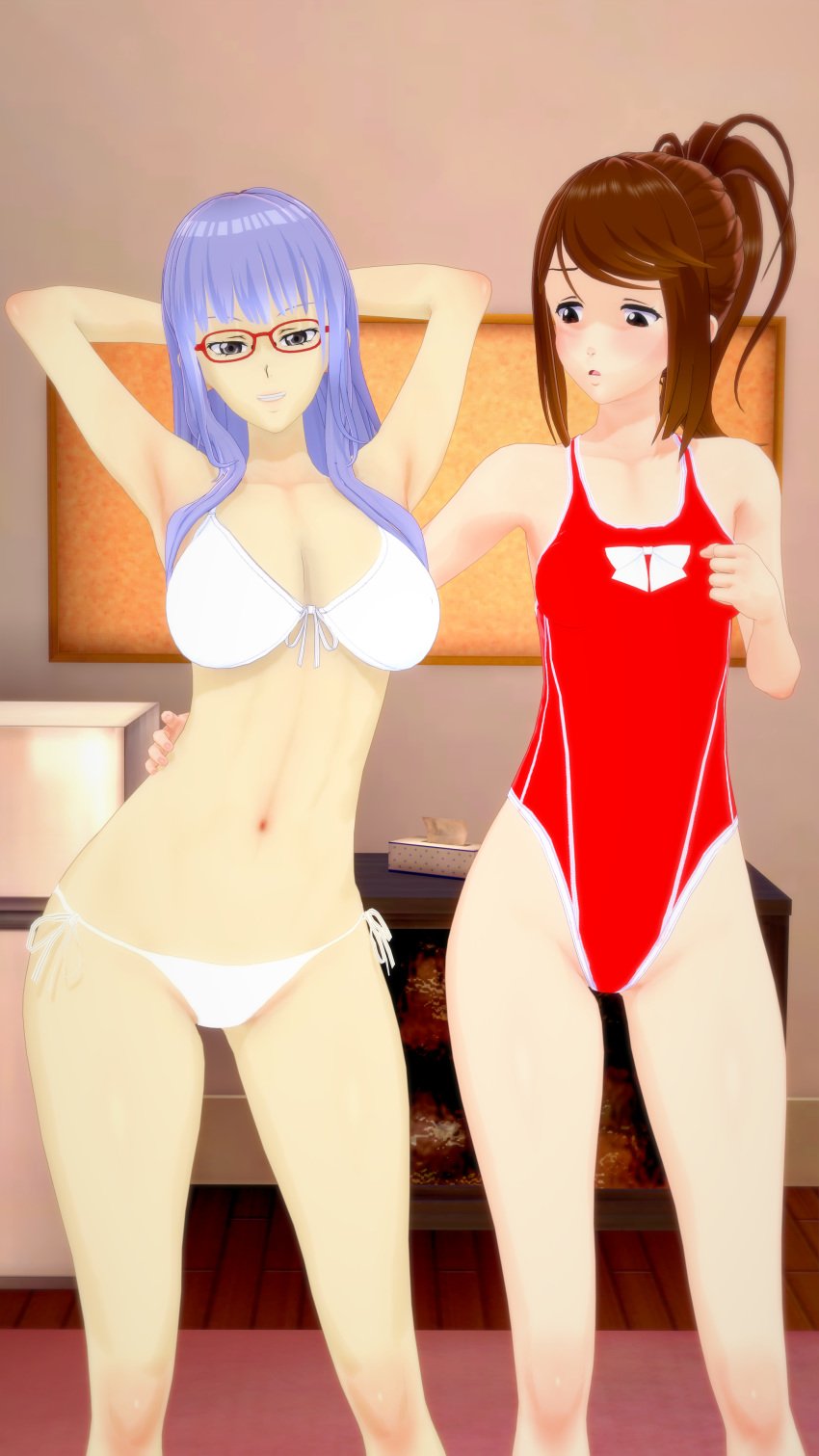 3d big_breasts blush breast_envy brown_hair gintama glasses jealous koikatsu oppai113 purple_hair sarutobi_ayame shimura_tae small_breasts smile swimsuit