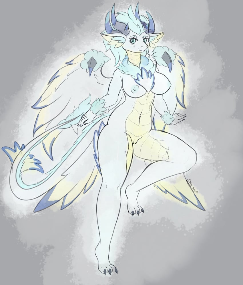 2020 3_toes 5_fingers anthro areola big_breasts blue_eyes breasts chest_tuft claws cygames digital_media_(artwork) dragalia_lost dragon feathered_wings feathers female fingers full-length_portrait fur genitals hair hi_res horn joxdkauss looking_at_viewer multi_wing nintendo nipples nude portrait pussy scales scalie simple_background sketch smile solo styx_(dragalia_lost) toes tuft video_games white_body wings