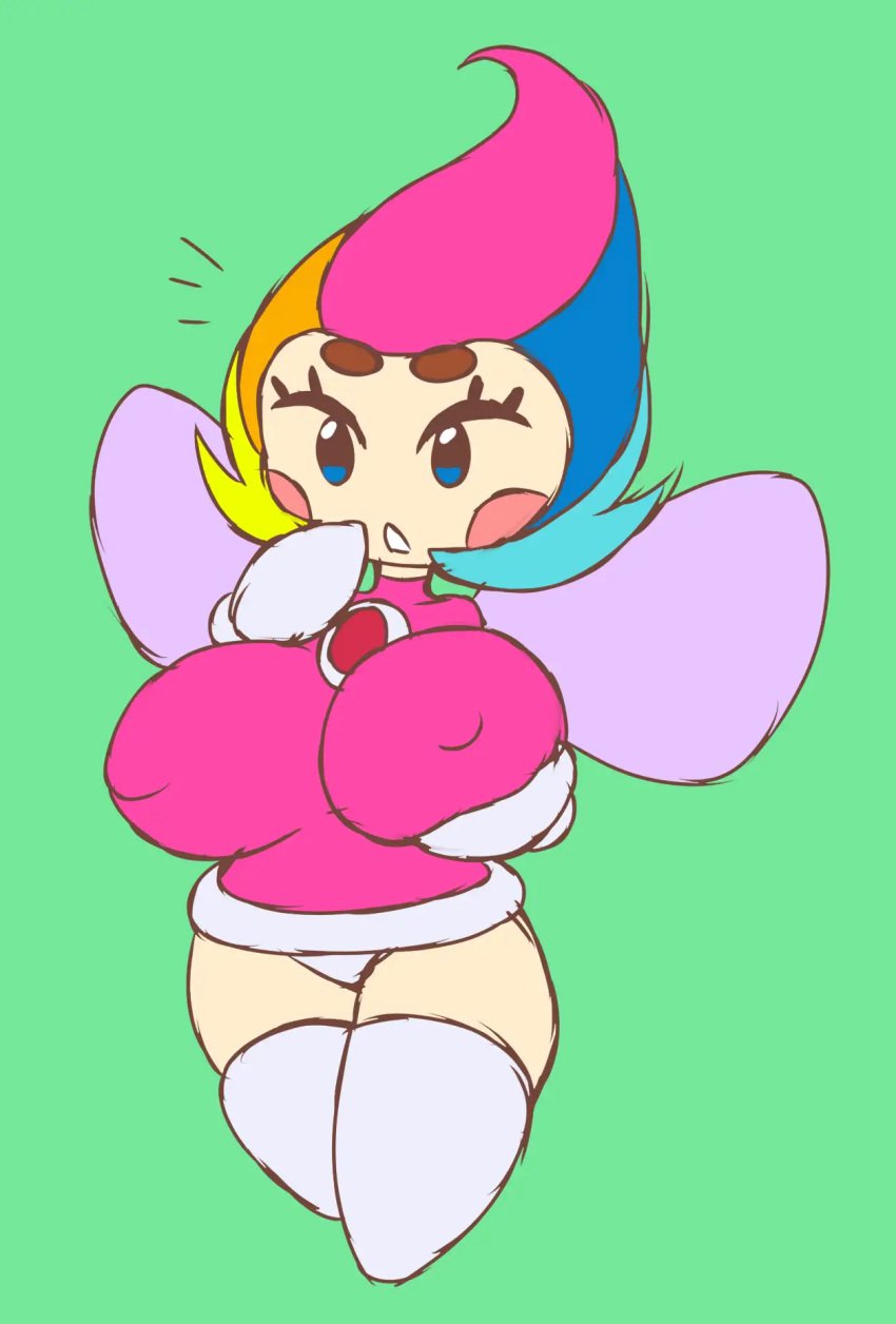 absurd_res alternate_breast_size blue_eyes blush breasts clothed clothing dress elline fairy fairy_wings gloves green_background holding_breast kirby_(series) large_breasts metachoke multicolored_hair nintendo nipples_visible_through_clothing panties pink_dress stockings thick_eyebrows thick_thighs