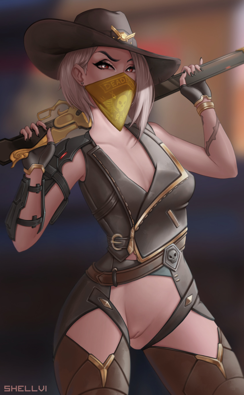 1girls 2d ashe_(overwatch) blizzard_entertainment casual_exposure clothed cowgirl_hat female female_only gun half-dressed half_nude human mask mostly_clothed overwatch pussy shellvi shotgun showing_off showing_pussy tattoo vagina weapon white_hair