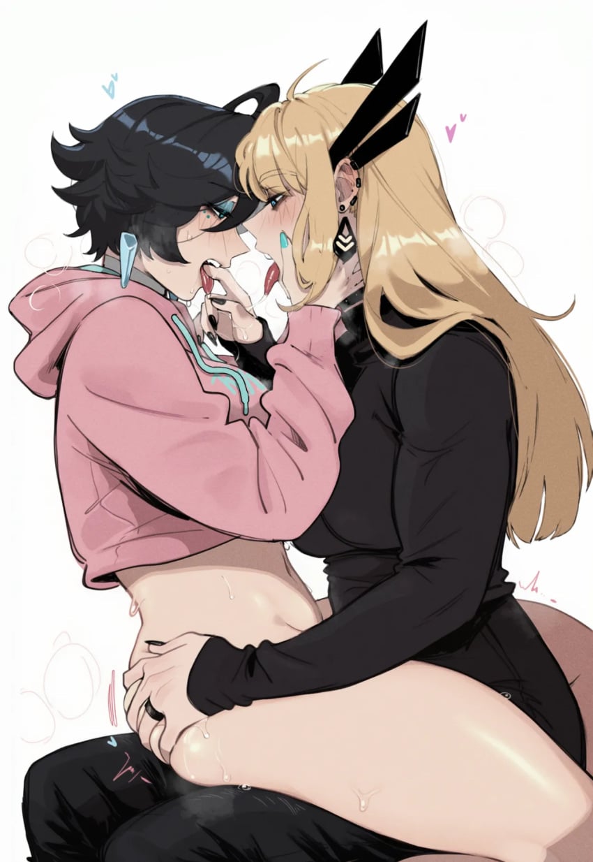 2girls bedroom_eyes black_hair black_hair_female blonde_female blonde_hair clothed eyeliner eyeshadow finger_in_another's_mouth finger_in_mouth grabbing_ass hearts hearts_around_head implied_futa implied_penetration implied_sex long_hair luna_snow luna_snow_(marvel_rivals) magik_(illyana_rasputin) magik_(marvel_rivals) marvel marvel_comics marvel_rivals masoq095 saliva saliva_string saliva_trail short_hair sitting_on_lap squeezing_butt tongue_kiss tongue_out yuri