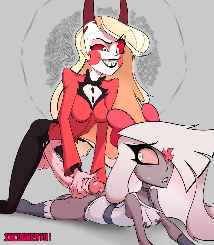 1futa 1girls 2020 ass balls big_penis black_lipstick blonde_hair bow buttjob canon_couple charlie_morningstar_(hazbin_hotel) demon demon_form eyepatch female futa_on_female futanari grey_background grey_skin hazbin_hotel huge_cock imminent_sex incogneato lesbian long_hair nervous no_pants penis precum red_sclera sharp_teeth smooth_skin suit sweat sweatdrop tuxedo vaggie_(hazbin_hotel) vivienne_medrano white_hair white_skin worried