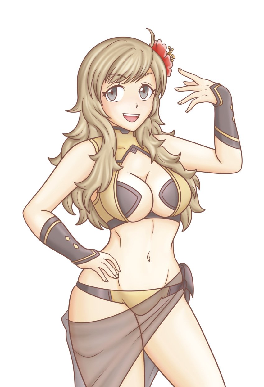 1girls bare_midriff belly_button bikini blonde_hair female fire_emblem fire_emblem_fates fire_emblem_if flower grey_eyes hayato_stuff hibiscus ophelia ophelia_(fire_emblem) posing solo swimsuit yellow_swimsuit