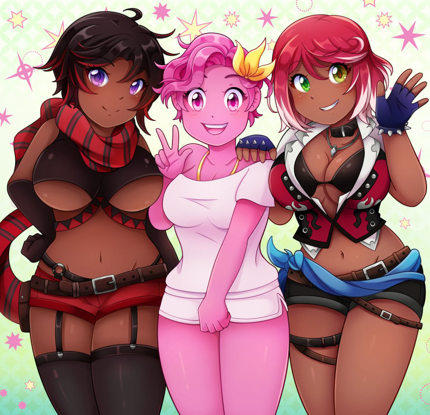 big_breasts cleavage dark-skinned_female group jojo_reference lore_olympus original_character persephone_(lore_olympus) pink_hair sho-tan sho_tan_art webtoon