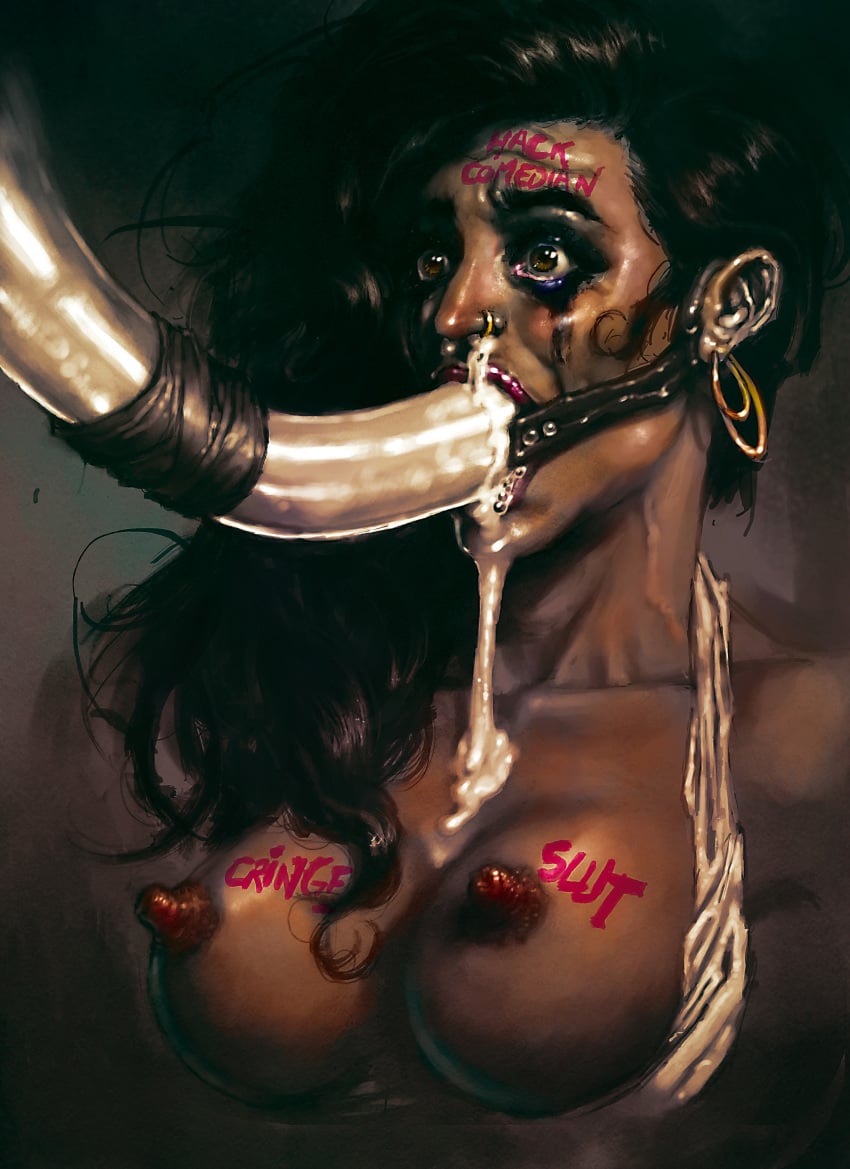 2020 afraid anxious body_writing breasts bust_portrait celebrity chris3000 comedian commission cum_out_nose cum_tube dark-skinned_female dark_skin distress excessive_cum feeding_tube female female_only gokkun indian lilly_singh nose_ring ring_gag scared solo