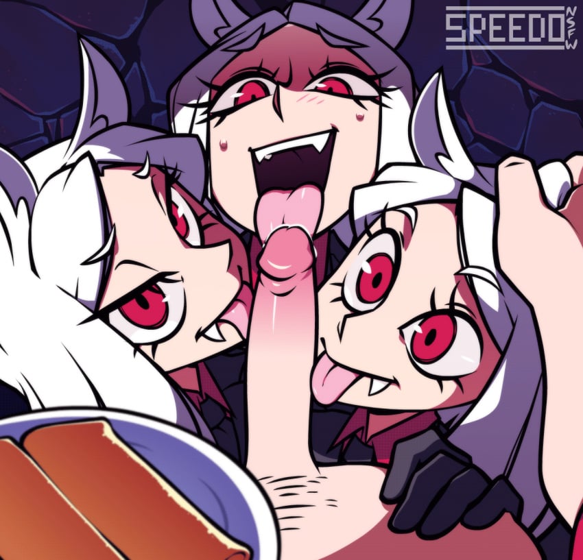 3girls animated cerberus_(helltaker) collaborative_fellatio fellatio headpat_during_blowjob helltaker large_penis licking male_pov penis pov speedosausage sweating