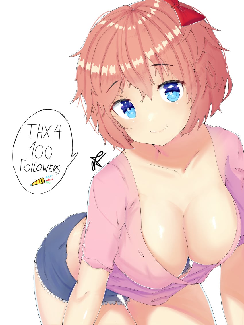 big_breasts blue_eyes bow breasts cleavage doki_doki_literature_club eyebrows_visible_through_hair female hairbow just_sayori looking_at_viewer milestone_celebration natatheknife no_bra pink_shirt pov pov_eye_contact red_bow sayori_(doki_doki_literature_club) short_shorts simple_background smile smiling solo thank_you thigh_gap thighs