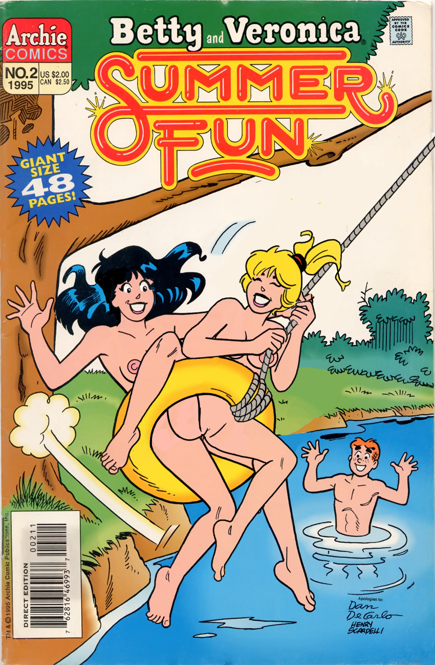 1boy 2girls anotherymous archie_andrews archie_comics betty_and_veronica betty_cooper black_hair blonde_hair brown_hair casual casual_nudity comic_cover edit female human ot3 pale_skin public shaved_pussy veronica_lodge