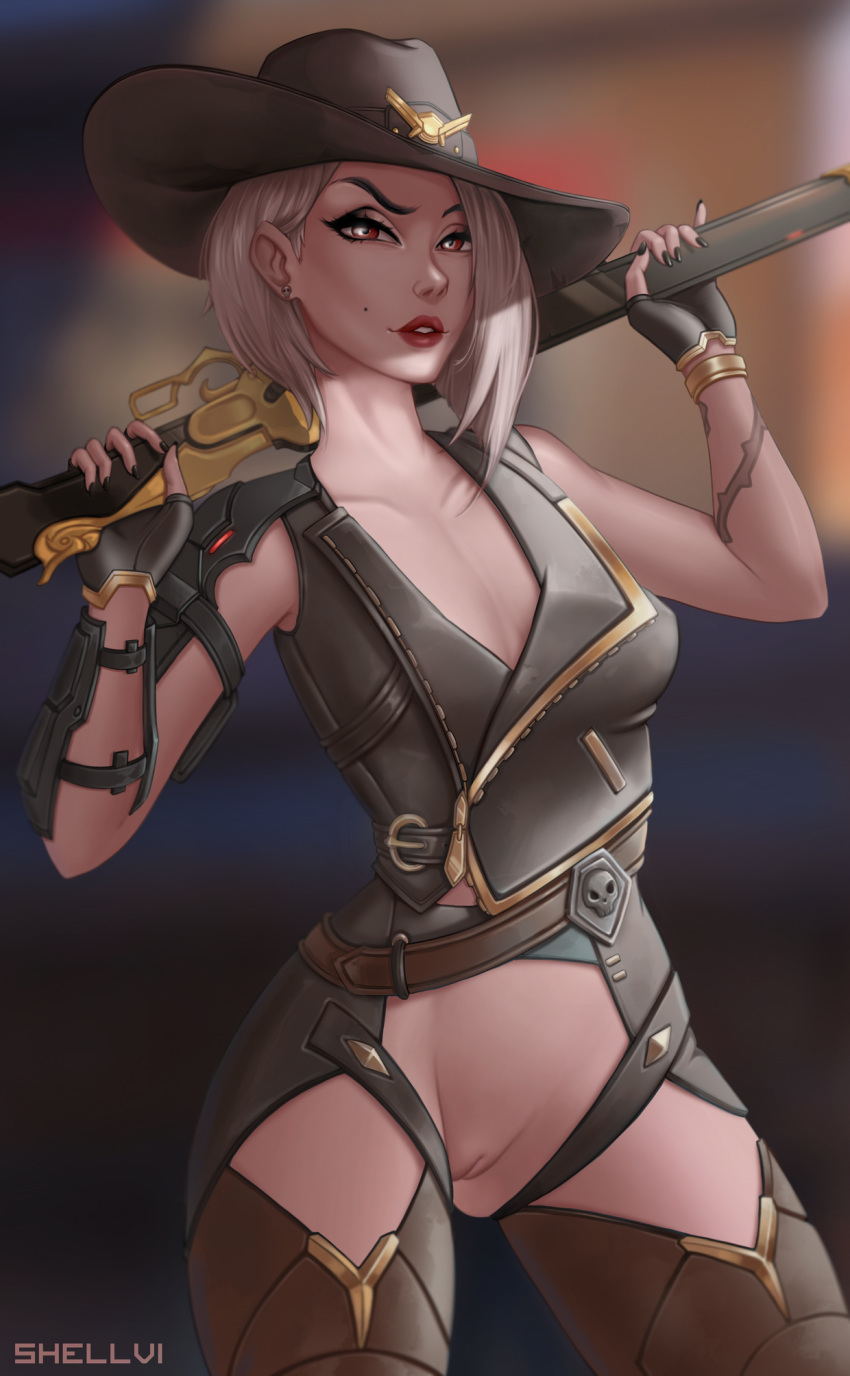 1girls 2d ashe_(overwatch) blizzard_entertainment casual_exposure cow_girl cowgirl_hat female female_only gun half-dressed half_nude mask_removed mostly_clothed overwatch pussy shellvi shotgun showing showing_pussy vagina weapon white_hair