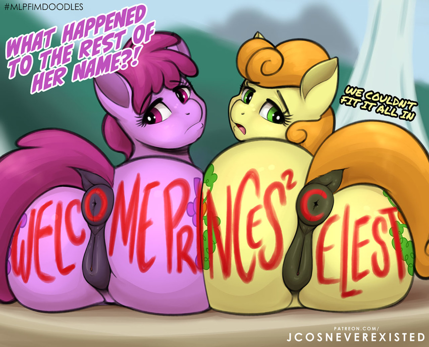 2020 anus ass berry_punch_(mlp) bodypaint carrot_top_(mlp) dialogue dock duo earth_pony english_text equid equine eyelashes female friendship_is_magic furry genitals hasbro horse jcosneverexisted looking_at_viewer looking_back mammal my_little_pony nude pony presenting pussy sitting text