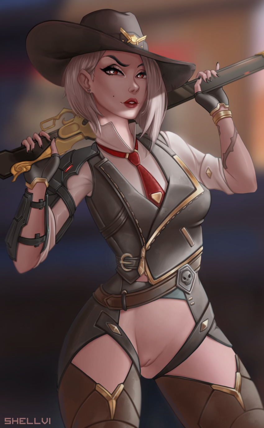 1girls 2d ashe_(overwatch) blizzard_entertainment casual_exposure cow_girl cowgirl_hat female female_only gun mask_removed mostly_clothed overwatch pussy shellvi shotgun showing_off showing_pussy tattoo tie vagina weapon white_hair