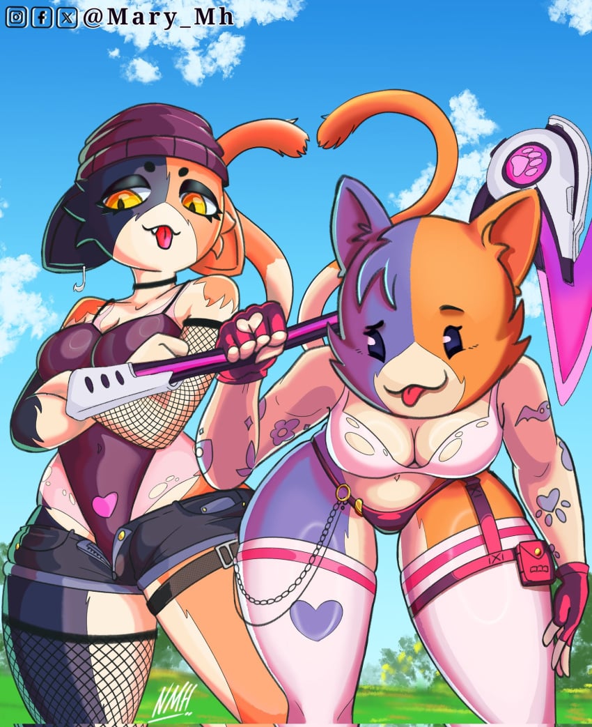 2girls beanie bodysuit breasts brown_fur cat_ears cat_girl cat_tail cate_meowdy_(fortnite) catgirl choker cleavage fang fishnets fortnite fortnite:_battle_royale gloves grey_fur holding holding_object leaning_forward looking_at_viewer mary_mh meow_skulls_(fortnite) navel panties shorts slim_waist stockings tagme tattoo thick_thighs tight_clothing tongue_out topwear torn_clothes voluptuous white_fur wide_hips yellow_eyes