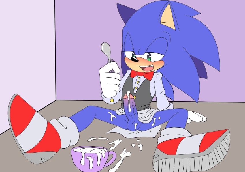 angelofhapiness anthro balls barrista blush bottomless bow_tie clothed clothing cum cum_as_food cum_drip dripping erection footwear gloves green_eyes half-closed_eyes hedgehog male male_only mammal messy open_mouth penis shoes simple_background sitting solo sonic_(series) sonic_the_hedgehog spoon vein veiny_penis