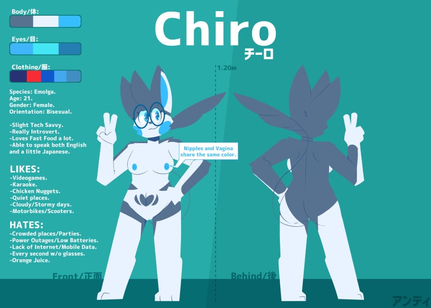 <3_marking 2020 3_toes 4_fingers absurd_res anthro blue_body blue_cheeks blue_eyes blue_fur blue_nipples breasts chiro_(skweekers) emolga english_text eyewear female fingers front_view fur genitals gesture glasses grey_body grey_fur grey_hair hair hi_res japanese_text looking_at_viewer mammal medium_breasts model_sheet multiple_angles murid nintendo nipples pokémon_(species) pokemon pseudo_hair pussy rear_view rodent skweekers smile solo standing text toes v_sign video_games white_body white_fur