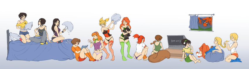 00s 12girls 2000s 6+girls artnerdem avatar_the_last_airbender batman_(series) black_hair blonde_hair braiding_hair brown_hair cartoon_network cassandra_cain clothing crossover daphne_blake dc_comics dr._harleen_quinzel earth_kingdom female female_focus flat_chest foster's_home_for_imaginary_friends frankie_foster glasses hanna-barbera harem harleen_quinzel harley_quinn interspecies jubilee kara_danvers kara_zor-el kara_zor-l karen_starr laura_kinney lineup marvel marvel_comics medium_breasts nickelodeon panties poison_ivy red_hair scooby-doo shorts sleepover sleepwear small_breasts spider-man spider-man_(series) squirrel_girl_(marvel) stockings supergirl superman_(series) thong toph_bei_fong uncensored velma_dinkley voyeur x-23 x-men