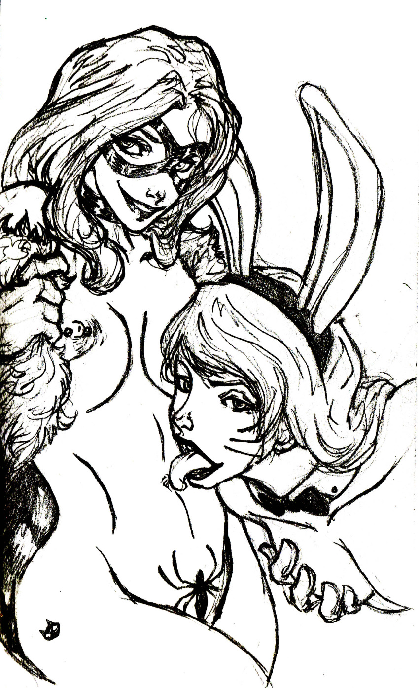 black_cat_(marvel) felicia_hardy female female_only greyscale human marvel monochrome multiple_females spider-man_(series) straight_hair white_rabbit_(dc) yuri