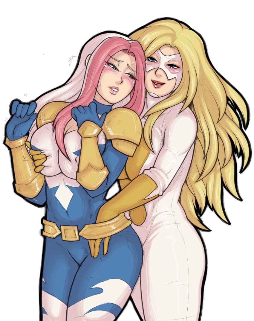 antiheld blush breast_grab erect_nipple female/female from_behind grope marvel moonstone_(marvel) nipple_bulge songbird songbird_(marvel) tabletorgy yuri