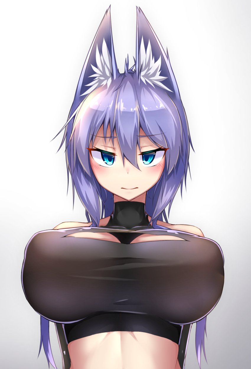 animal_ear_fluff animal_ears bare_shoulders blue_eyes blush breasts bustier cleavage_cutout erect_nipples erect_nipples_under_clothes eyebrows_visible_through_hair female female hair_between_eyes high_resolution huge_breasts indigo_(tylwing) kitsunemimi lavender_hair lingerie long_hair looking_at_viewer nipples original solo turtleneck tylwing upper_body