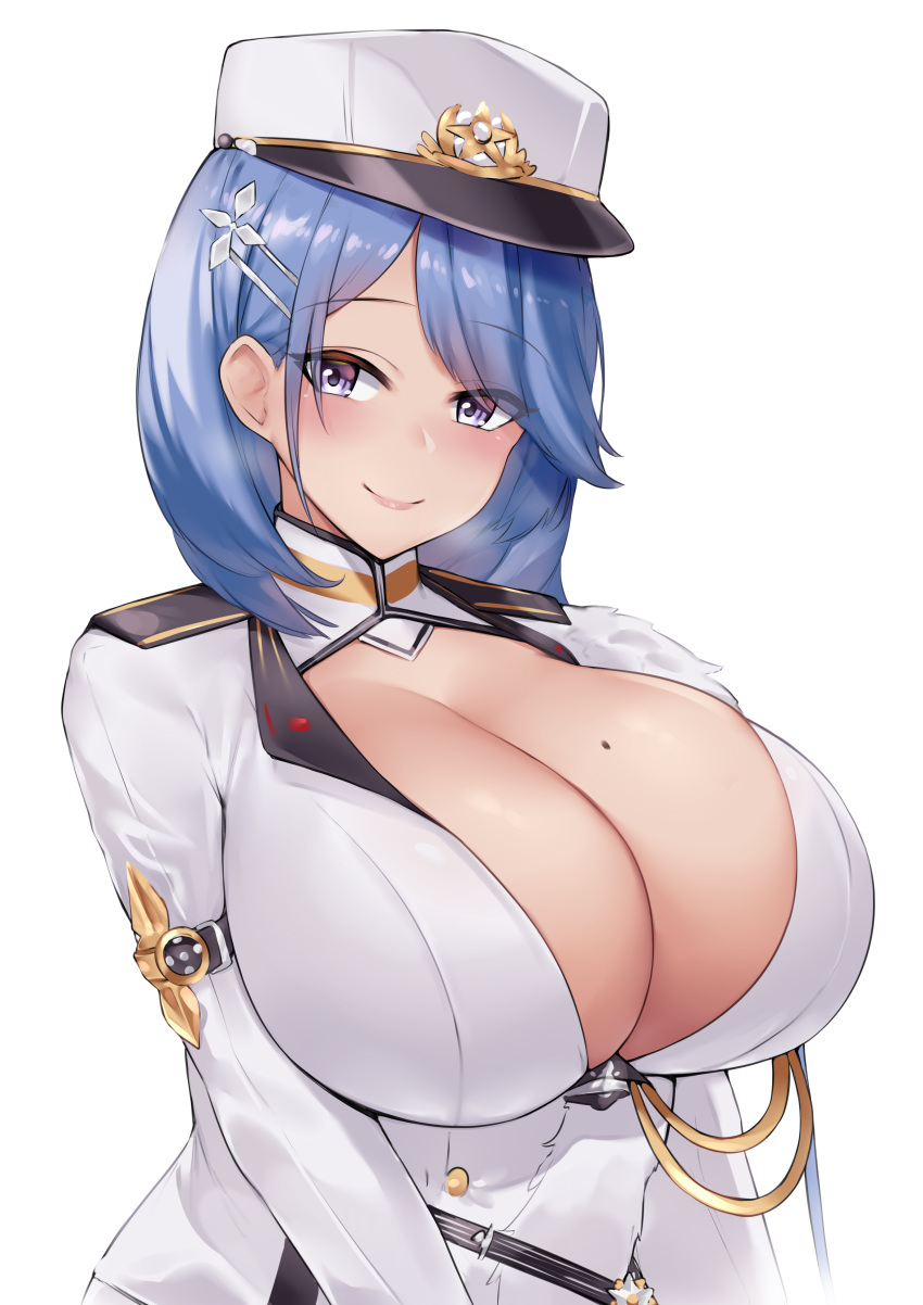 azur_lane bangs blue_hair blush body breasts chapayev_(azur_lane) cleavage cleavage_cutout closed_mouth eyebrows_visible_through_hair female female_only female_solo hair_ornament hairclip hat high_collar high_resolution huge_breasts jacket kuavera large_filesize light-skinned light-skinned_female light_background medium_hair military_hat mole mole_on_breast peaked_cap purple_eyes simple smile solo upper very_high_resolution white_background white_headwear white_jacket