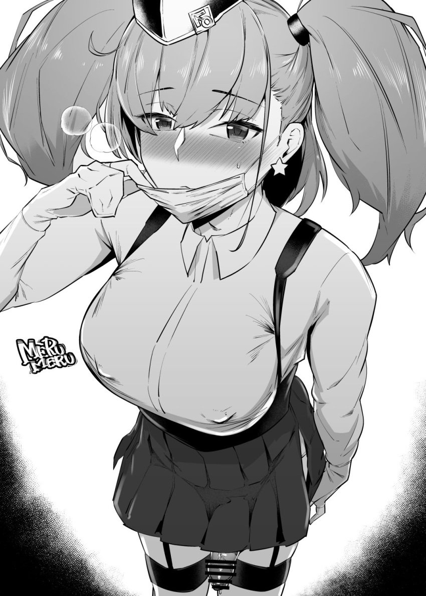 1futa atlanta_(kantai_collection) bangs bar_censor blush bottomless_skirt breasts breath censored closed_mouth covered_nipples curvy earrings erect_nipples erection erection_under_clothes erection_under_skirt eyebrows_visible_through_hair futa_only futanari garrison_cap garter_straps gloves greyscale hat highres huge_breasts jewelry kantai_collection long_hair mars_symbol mask mask_pull merumeru_(ts_tox_mlml) monochrome mouth_mask nipple_bulge nipples no_panties partly_fingerless_gloves penis penis_bulge penis_out penis_under_clothes penis_under_skirt precum precum_drip side_slit signature simple_background single_earring skirt skirt_lift solo star_(symbol) star_earrings surgical_mask suspender_skirt suspenders sweat twintails