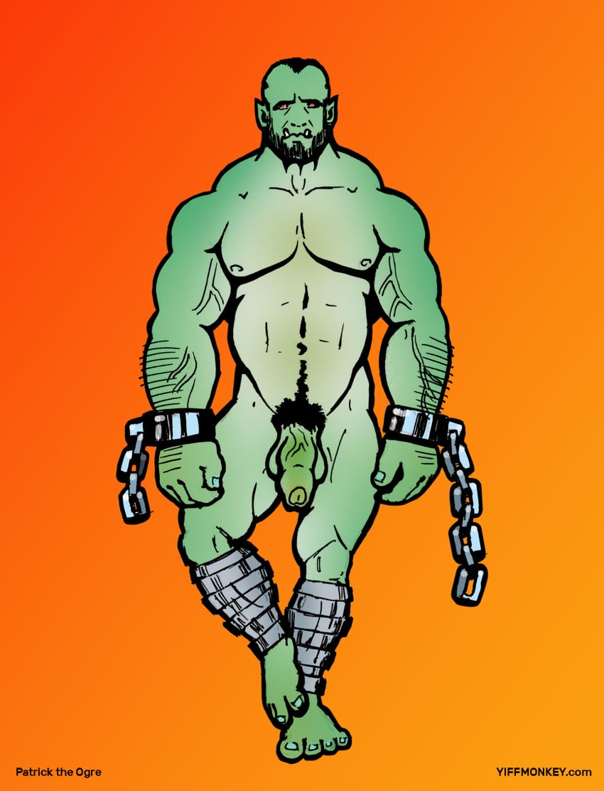 beard big_penis chained facial_hair fmonkey genitals green_body hi_res humanoid male male_only muscular muscular_humanoid ogre patrick penis shackles solo stubble text url