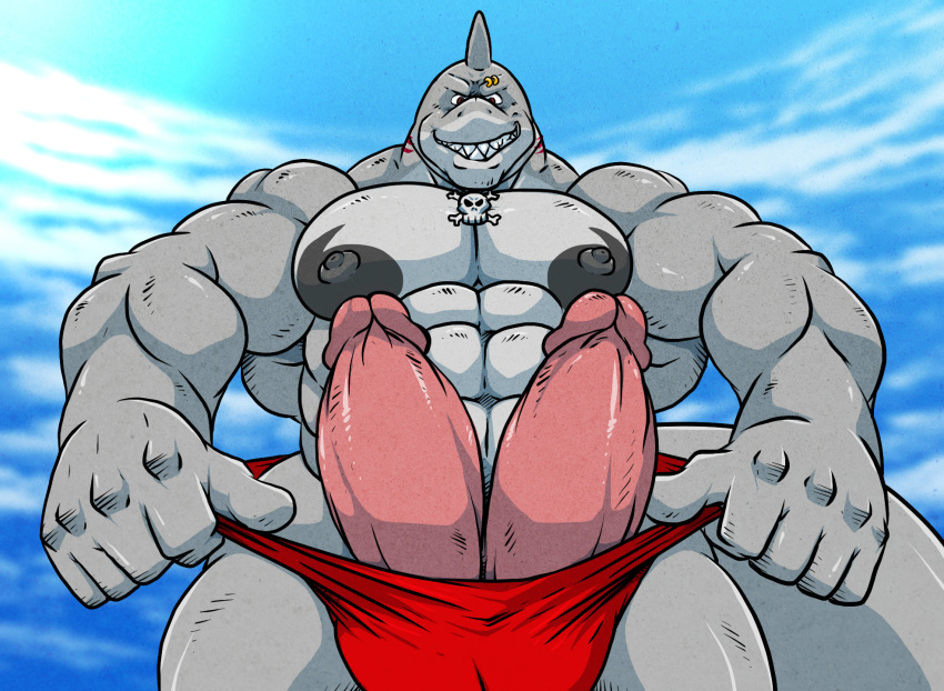 abs anthro big_muscles big_penis bulge clothing cloudscape diphallia diphallism erection fish genitals grey_body grey_skin hi_res humanoid_genitalia humanoid_penis looking_at_viewer looking_down low-angle_view male male_only marine markshark multi_genitalia multi_penis muscular muscular_male pecs penis piercing presenting presenting_penis rackun shark showing_teeth sky smile smirk solo swimwear underwear underwear_pull