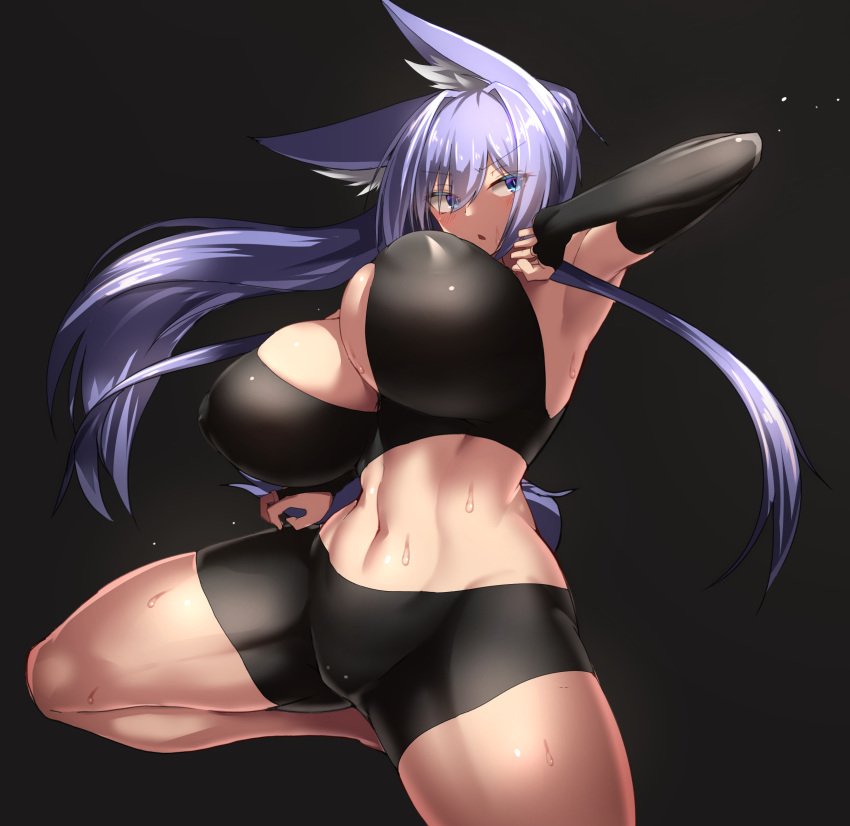 animal_ears blue_eyes breasts cleavage cleavage_cutout detached_sleeves elbow_gloves elbowing erect_nipples erect_nipples_under_clothes eyebrows_visible_through_hair eyes_visible_through_hair fighting_stance fingerless_gloves gloves high_resolution huge_breasts indigo_(tylwing) latex lavender_hair leg_up looking_to_the_side midriff nipples original shorts sweat tylwing