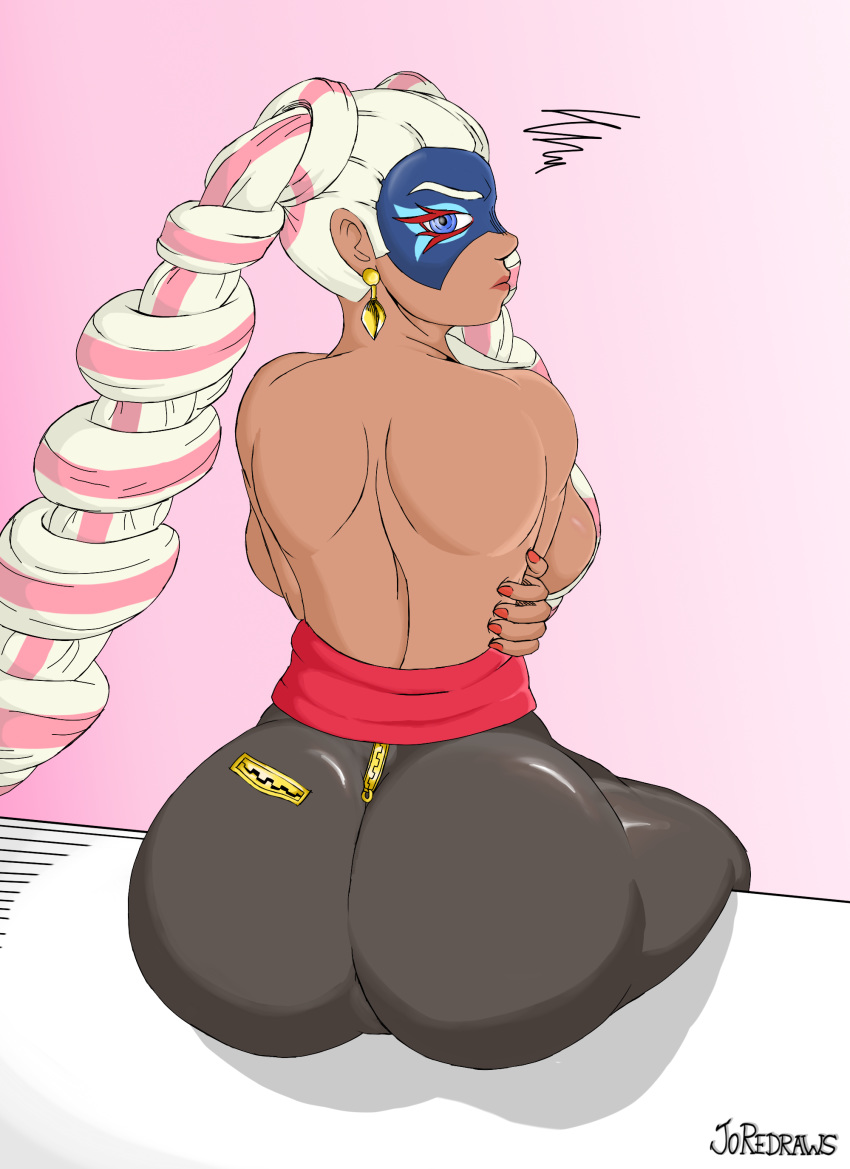 arms_(game) back big_ass black_pants blue_eyes clothed colored_nails frustrated joredraws long_hair looking_at_viewer multicolored_hair simple_background sitting straight_hair tight_clothing topless twintelle