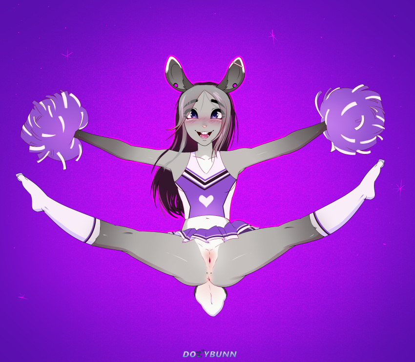 absurd_res angie anthro anus bottomwear cheerleader clothing dozybunn female flexible genitals guiche_piercing hi_res lagomorph legwear leporid mammal piercing presenting presenting_anus presenting_pussy pussy rabbit skirt socks solo uniform