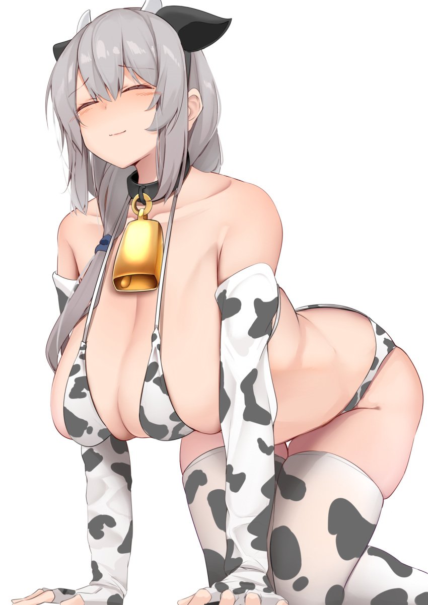 1girls big_breasts closed_eyes cow_bikini cow_ears cow_horns cow_print cowbell female gloves grey_hair huge_breasts karatakewari large_breasts long_hair mature_female milf mother thick_thighs thigh_gap thighhighs thighs uzaki-chan_wa_asobitai! uzaki_tsuki white_background