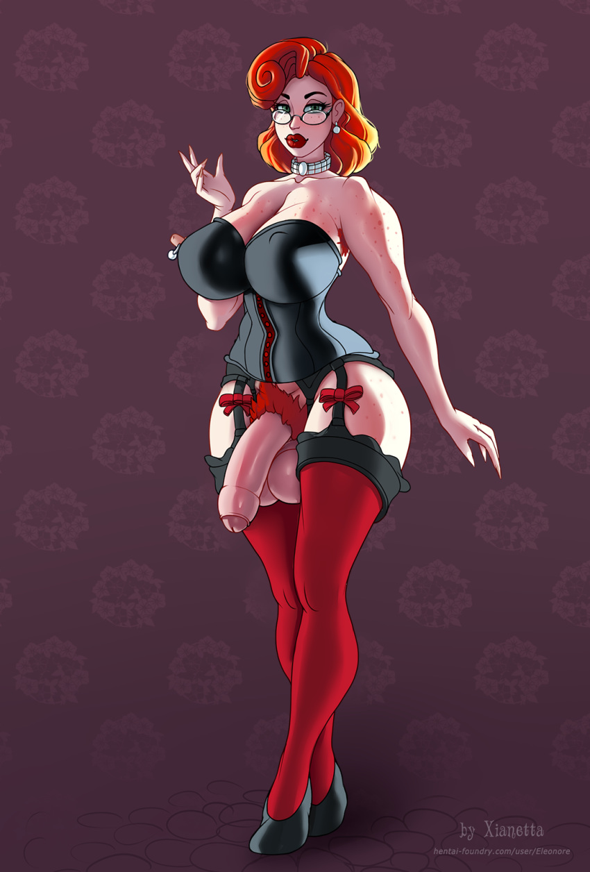 1futa 2d balls big_breasts breasts cleavage dickgirl eleonore foreskin futa_only futanari glasses large_breasts looking_at_viewer penis pubic_hair redhead redheaded_futa solo testicles uncut