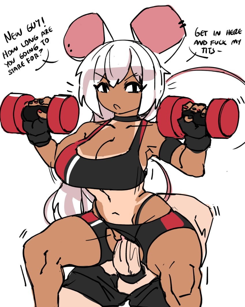 1boy 1boy1girl 1girls alina_(zanamaoria) animal_ears animal_humanoid big_breasts bike_shorts bottomless breasts choker cleavage clothed clothed_female clothed_sex cock_ring cowgirl_position dark-skinned_female dark_skin dumbbell ear_piercing english english_text exercise female female_on_top gloves gyaru highleg human humanoid light-skinned_male looking_at_viewer male male_human/female_humanoid motion_lines mouse_ears mouse_tail navel original painted_nails paizuri_invitation rat reverse_cowgirl_position riding ripped_clothing sex simple_background speech_bubble sports_bra straight talking_to_viewer tan tanline text vaginal vaginal_penetration vaginal_sex very_long_hair white_hair young zanamaoria